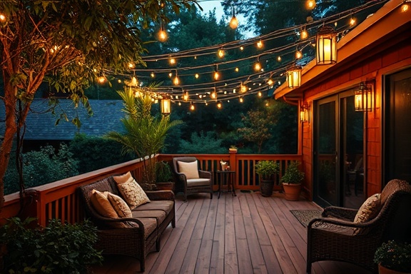 inviting outdoor lighting, cozy patio, relaxed, photorealistic, a wooden deck surrounded by greenery, twinkling fairy lights draped above, highly detailed, dancing shadows from lanterns, high-contrast images, golden hues, twilight lighting, shot with a 50mm lens.