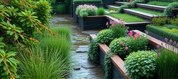 expansive garden renewal, invigorating, building a botanical sanctuary, photorealistic, terraced garden beds and running stream in the background, highly detailed, rustling leaves, captured with super precise clarity, vibrant greens and floral pastels, evening light, shot with a 16-35mm wide-angle lens.