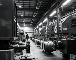 industrial company heritage, reflective, chronicling, photorealistic, inside a large factory with machinery and tools, highly detailed, moving parts and gears, gritty surface texture, monochrome gray, industrial fluorescent lighting, shot with an 85mm lens
