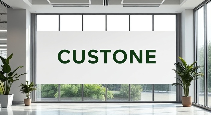 sophisticated custom branding, engaging, integrating elements of nature, photorealistic, inside a modern office space with large windows, highly detailed, subtle gradients, vector style, neutral tones, crisp overhead lighting, shot with a Canon RF 24-105mm f/4L IS USM.