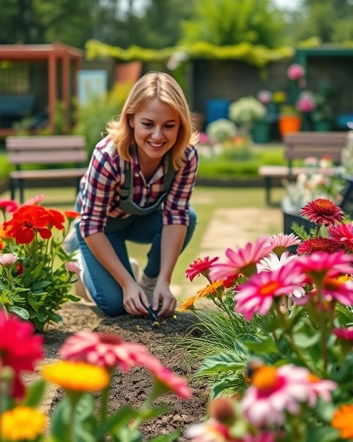 vibrant landscape gardening, joyful, capturing a gardener planting colorful flowers, photorealistic, set in a lush garden with garden paths and benches, highly detailed, bees buzzing around, with fast shutter speed, bright reds and pinks, natural midday sunlight, shot with a macro lens.