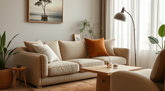sustainable product design, minimalist and functional, highlighting a recyclable furniture piece, photorealistic, cozy living room with nature-inspired decor, highly detailed, soft cushioning and ergonomic shapes, tactile texture, muted earth colors, warm light from a floor lamp, shot with an 85mm lens.