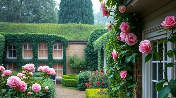 picturesque garden restoration, harmonious, restoring classic garden structures, photorealistic, ivy-covered walls and climbing roses in the background, highly detailed, drizzle of rain enhancing the scene, captured with advanced focus stacking, pinks and greens, diffuse lighting, shot with a 24-70mm zoom lens.