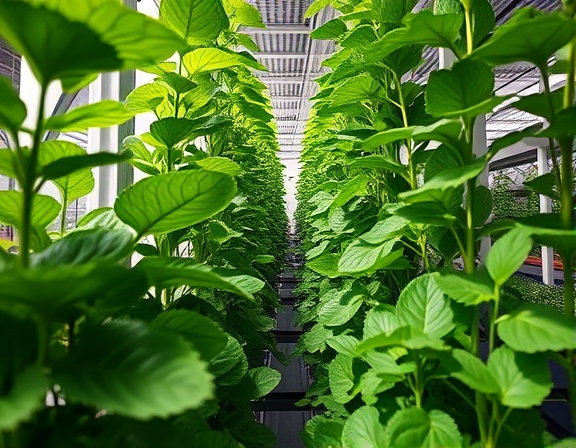 sustainable agriculture, nurturing and thriving, illustrating a vertical farm, photorealistic, indoor urban farm with lush plants and advanced irrigation systems, highly detailed, subtle movement of leaves with ventilation, precise focus, varied greens, natural daylight filtering in, shot with a wide-angle lens.
