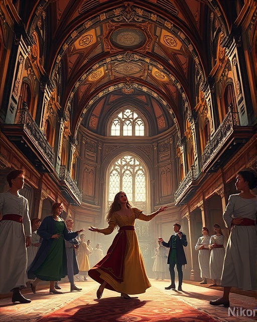 elegant custom illustration, expressive, depicting a historical scene, photorealistic, within a grand castle hall with ornate detailing, highly detailed, dynamic gestures, depth of field, earthy tones, soft ambient lighting, shot with a Nikon AF-S NIKKOR 85mm f/1.4G.