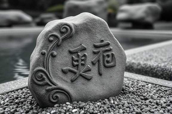 scenic hardscape stone, contemplative expression, highlighted by intricate carvings, photorealistic, positioned within a Japanese zen garden, highly detailed, gentle water ripples and raked gravel patterns, bokeh effect, monochromatic color scheme, diffused lighting, shot with a 85mm lens.