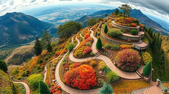 creative hardscape landscaping, adventurous expression, comprising a terraced landscape, photorealistic, perched on a hillside with panoramic views, highly detailed, cascading plants and winding pathways, sharp detail, vibrant autumnal colors, backlighting, shot with a fish-eye lens.