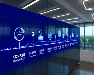 modern company timeline, progressive, illustrating, photorealistic, displayed on a digital screen in a corporate office, highly detailed, interactive elements animating, clear resolution, cobalt blue and silver, bright LED lighting, shot with a 35mm lens