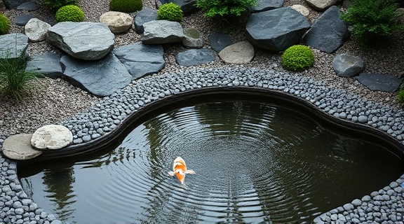 zen garden design, meditative, promoting mindfulness and reflection, photorealistic, arranged stones and raked gravel, highly detailed, a koi pond with ripples, pinpoint sharpness, muted greys and greens, diffuse lighting, shot with an 85mm lens.