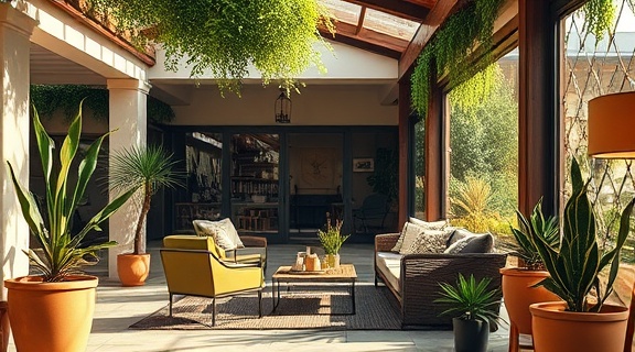 sophisticated patio design, inviting, capturing casual gatherings, photorealistic, spacious patio adorned with stylish furniture and potted plants, highly detailed, gentle rustling of leaves, ultra-clear, warm earth colors, shaded afternoon light, shot with a 70mm lens.