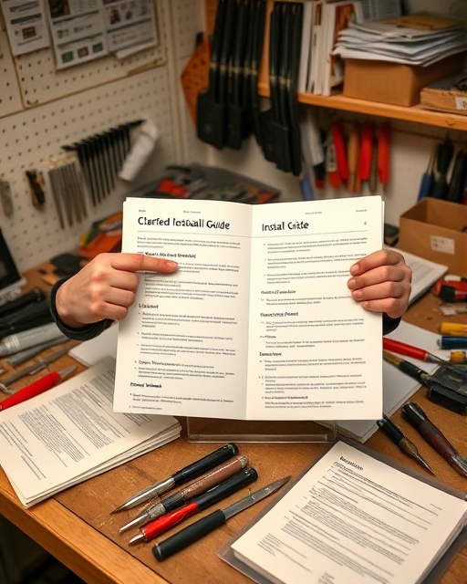 clarified install guide, informative expression, pointing at sections, photorealistic, over a messy workbench covered in tools and papers, highly detailed, guide pages slightly worn, clean lines, neutral color scheme, soft overhead lighting, shot with a 35mm lens.