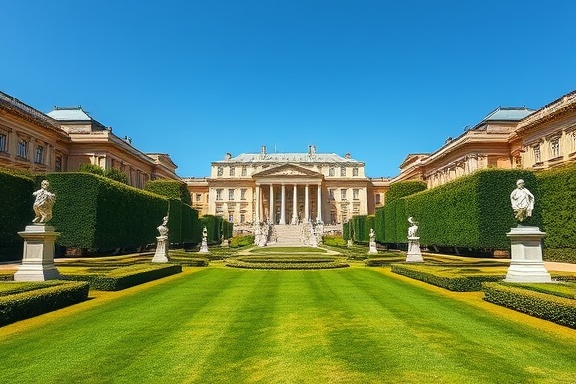 classical landscape design, majestic, highlighting renaissance aesthetics, photorealistic, grand lawn with symmetrical hedges and sculptures, highly detailed, distant chatter of visitors, pristine quality, royal blue skies, bright noon light, shot with a 50mm lens.