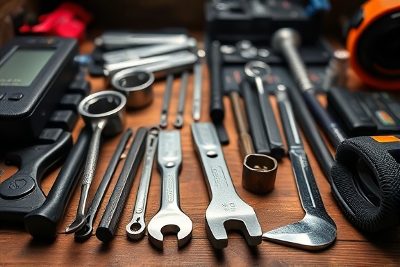 organized install toolkit, inviting expression, displayed openly, photorealistic, on a wooden tabletop with slight wear, highly detailed, shiny metal tools catching light, high contrast, bold color highlights, ambient lighting, shot with a macro lens.