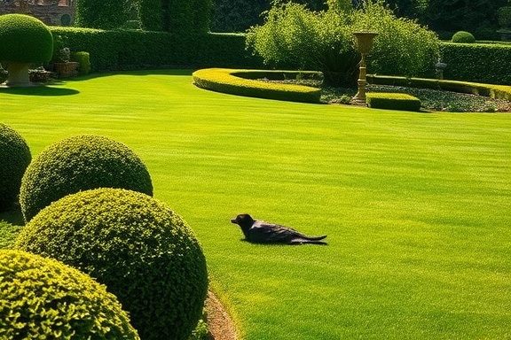 exquisite garden enhancement, peaceful, pruning topiary art, photorealistic, sprawling lawn with ornate sculptures in the background, highly detailed, soft wind blowing, captured with dynamic range optimization, various shades of green and bronze, dappled sunlight, shot with a 70-200mm telephoto lens.