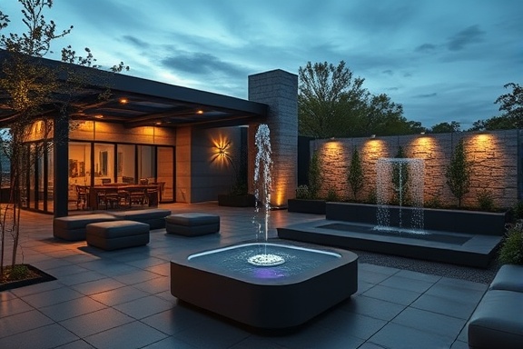 modern outdoor design, innovative, integrating technology into nature, photorealistic, smart lighting and seating systems, highly detailed, quiet hum of a nearby water feature, super sharp, neutral hues with accents, twilight glow, shot with a 58mm lens.