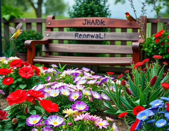 vibrant garden renewal, joyous, planting seasonal flowers, photorealistic, colorful flower beds with a wooden bench in the background, highly detailed, birds chirping, captured with vivid color settings, reds, blues, and purples, overcast lighting, shot with an 85mm portrait lens.