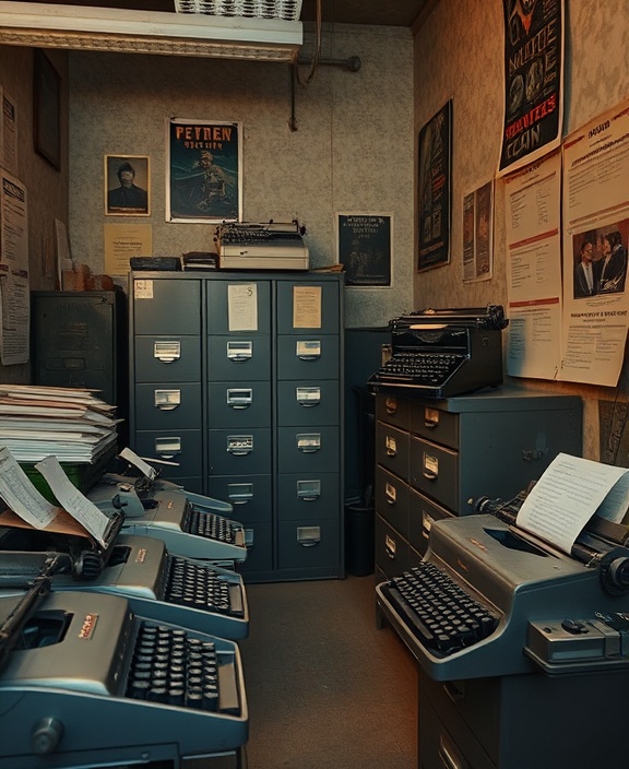nostalgic company archive, reminiscent, reminiscing, photorealistic, in a retro office room with typewriters, highly detailed, old posters and filing cabinets, authentic paper texture, muted earth tones, soft evening light, shot with a 70mm lens