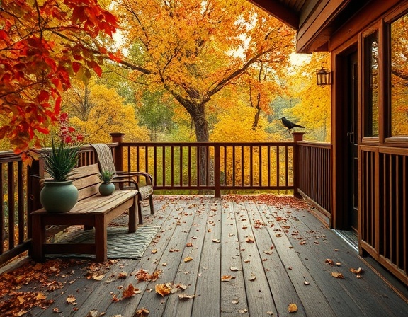 rustic outdoor design, calm, inviting with a rustic charm, photorealistic, wooden deck surrounded by fall foliage, highly detailed, scattered leaves with birds chirping, high-definition, deep reds and yellows, golden hour lighting, shot with a 24mm lens.