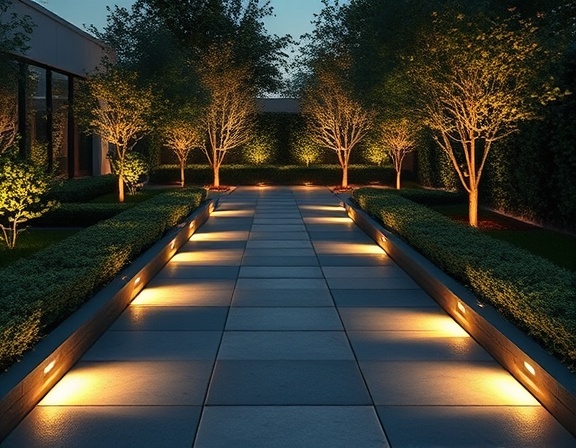 modern garden lighting, minimalist design, elegant, photorealistic, a spacious modern garden with sleek stone paths and trimmed hedges, highly detailed, LED pathway lights creating shadows, intricate lighting patterns, subtle earth tones, mood lighting, shot with a prime lens.