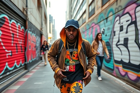 bold custom graphics, dynamic, showcasing urban street fashion, photorealistic, on a bustling city street with graffiti walls, highly detailed, flowing motion, high resolution, pastel colors, diffused daylight, shot with a Sony FE 24-70mm f/2.8 GM.