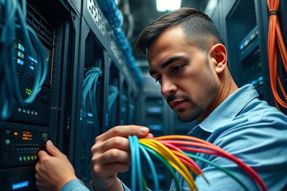 diligent efforts to install cables, concentrated expression, carefully threading cables, photorealistic, within a tech-lab environment with blinking servers, highly detailed, cables of various colors slightly tangled, vivid colors, fluorescent lighting, shot with a 24mm wide-angle lens.