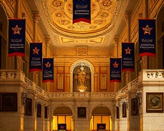historic company legacy, proud, showcasing, photorealistic, in a grand hall with marble floors and high ceilings, highly detailed, banners and awards everywhere, rich textures, warm golden brown, dramatic spot lighting, shot with a 24mm lens