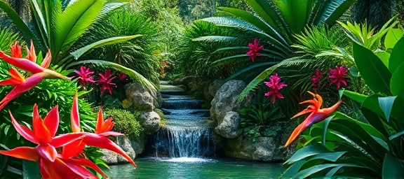 tropical garden design, vibrant, creating a paradise feel, photorealistic, lush foliage with exotic plants and a small waterfall, highly detailed, birdsong fills the air, fine detail, emerald greens and bold florals, filtered sunlight, shot with a 35mm lens.