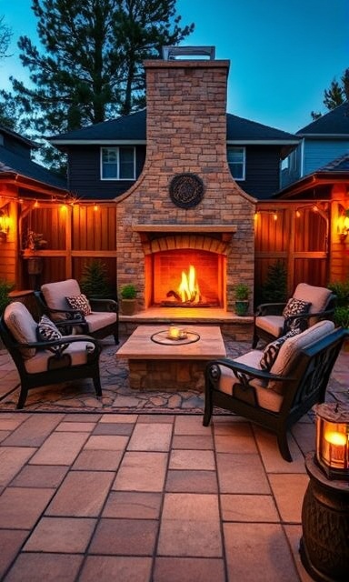 luxurious hardscape patio, inviting expression, hosting comfortable seating and an outdoor fireplace, photorealistic, located in a suburban backyard, highly detailed, decorative lighting and weathered surfaces, depth of field, cozy amber tones, twilight lighting, shot with a wide-angle lens.
