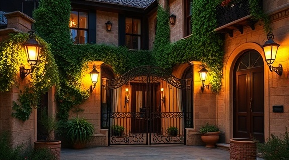 charming exterior lighting, vintage villa, nostalgic, photorealistic, a classic villa with ivy-covered walls and wrought-iron gates, highly detailed, soft glows from antique sconces, balanced exposure, warm rustic colors, evening ambiance, shot with a standard zoom lens.