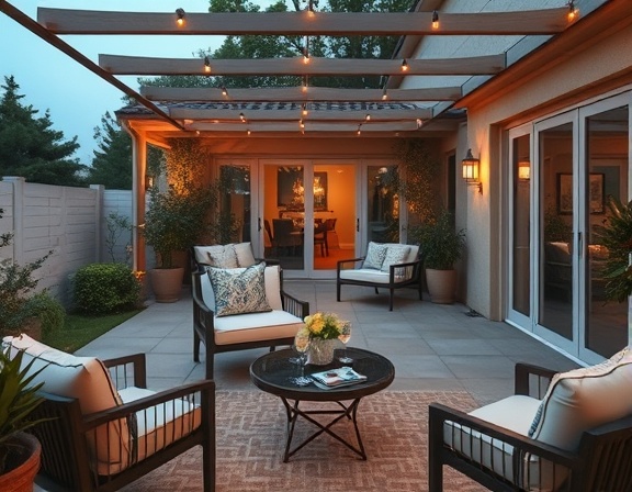 elegant patio design, chic, epitomizing luxury lifestyle, photorealistic, decorated with designer furniture and ambient lighting, highly detailed, distant clink of glasses, high-fidelity, muted pastels and sheens, soft ambient lighting, shot with a 40mm lens.