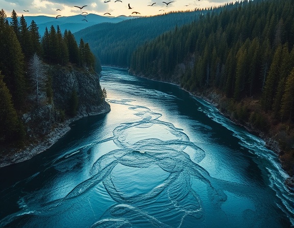 artistic landscape photography, dynamic, capturing a dramatic river bend with reflections, photorealistic, surrounded by towering forests with birds overhead, highly detailed, water rippling and shimmering, with high dynamic range, deep blues and greens, twilight ambient light, shot with a telephoto lens.